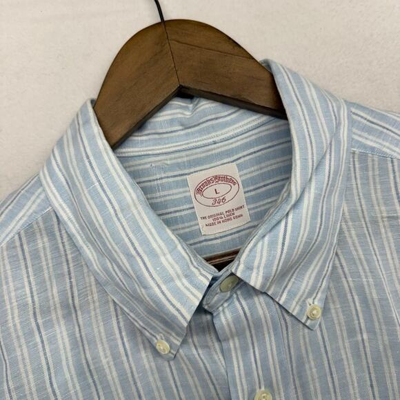 Brooks Brothers Shirt Men's large Blue White linen 346 Striped Lightweight - Picture 1 of 7